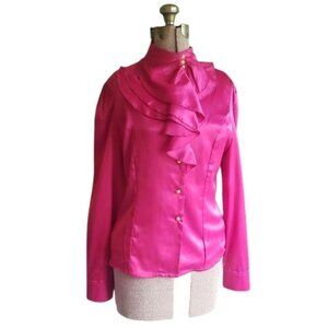 J. GuanL Vintage Asymmetric Ruffle High Collar Pink Button Down, Sz XL